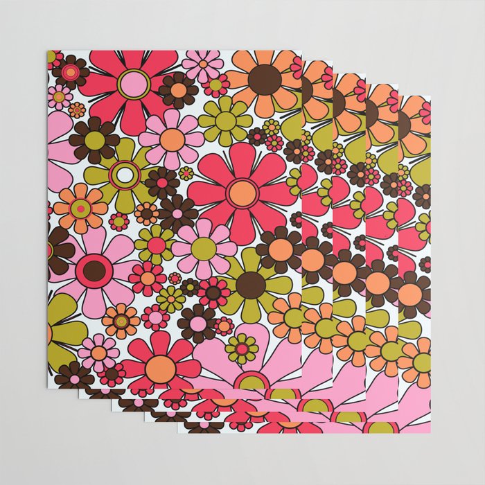 Retro Garden Flowers Groovy 60s 70s Floral Pattern in Pink, Dark Brown, Avocado Green, Orange, and Black Wrapping Paper Gallery Image 3