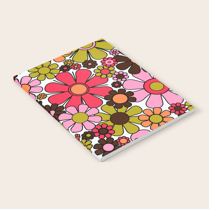 Retro Garden Flowers Groovy 60s 70s Floral Pattern in Pink, Dark Brown, Avocado Green, Orange, and Black Notebook Gallery Image 2