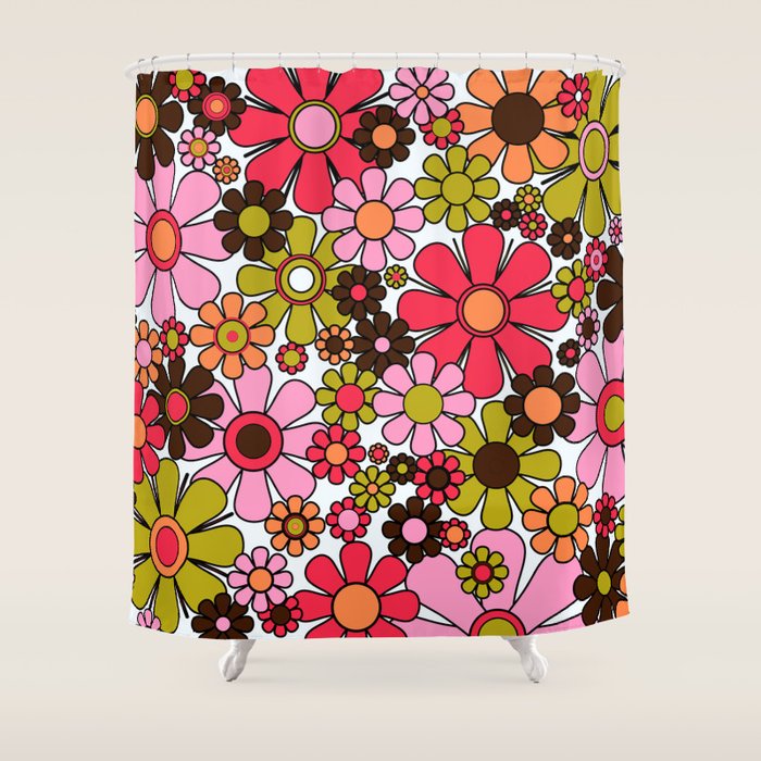 Retro Garden Flowers Groovy 60s 70s Floral Pattern in Pink, Dark Brown, Avocado Green, Orange, and Black Shower Curtain Gallery Image 1