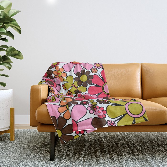 Retro Garden Flowers Groovy 60s 70s Floral Pattern in Pink, Dark Brown, Avocado Green, Orange, and Black Throw Blanket Gallery Image 1