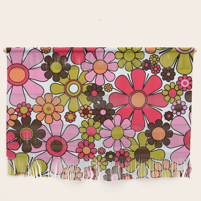 Retro Garden Flowers Groovy 60s 70s Floral Pattern in Pink, Dark Brown, Avocado Green, Orange, and Black Wall Hanging Gallery Image 1