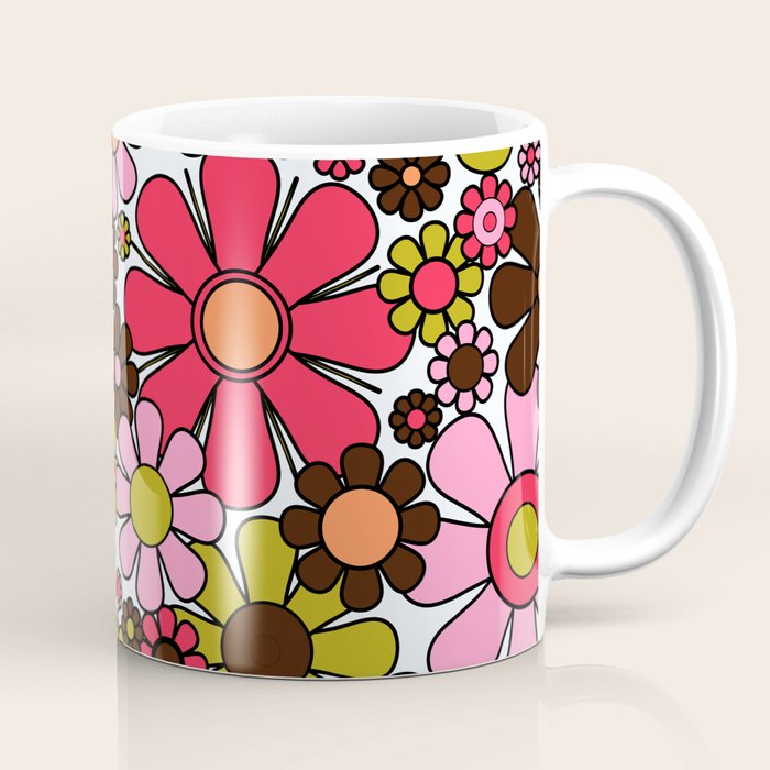 Retro Garden Flowers Groovy 60s 70s Floral Pattern in Pink, Dark Brown, Avocado Green, Orange, and Black Coffee Mug Gallery Image 1