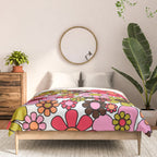 Retro Garden Flowers Groovy 60s 70s Floral Pattern in Pink, Dark Brown, Avocado Green, Orange, and Black Comforter Gallery Image 3