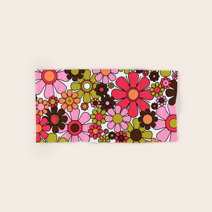 Retro Garden Flowers Groovy 60s 70s Floral Pattern in Pink, Dark Brown, Avocado Green, Orange, and Black Towels Gallery Image 1