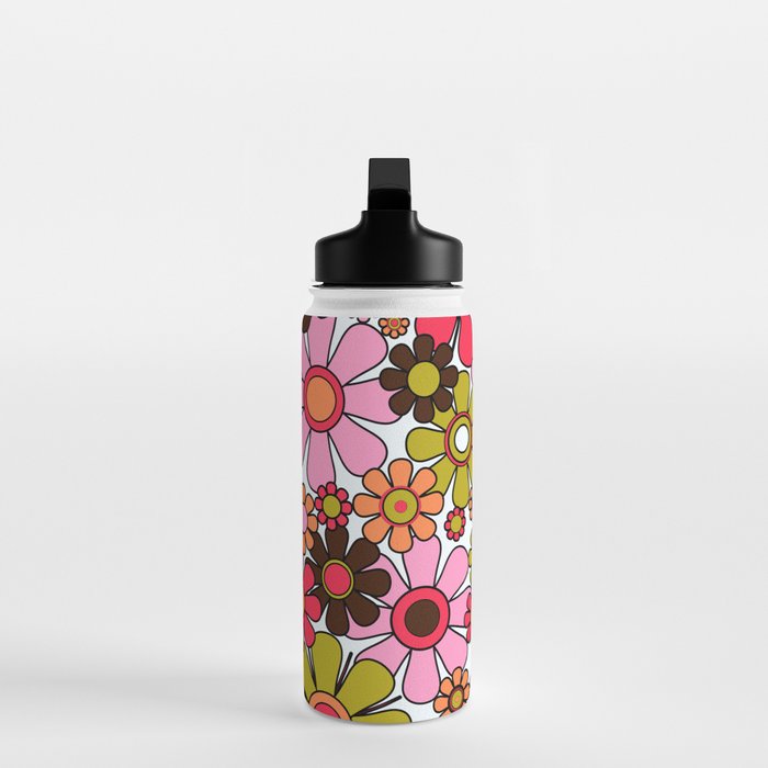 Retro Garden Flowers Groovy 60s 70s Floral Pattern in Pink, Dark Brown, Avocado Green, Orange, and Black Water Bottle Gallery Image 3
