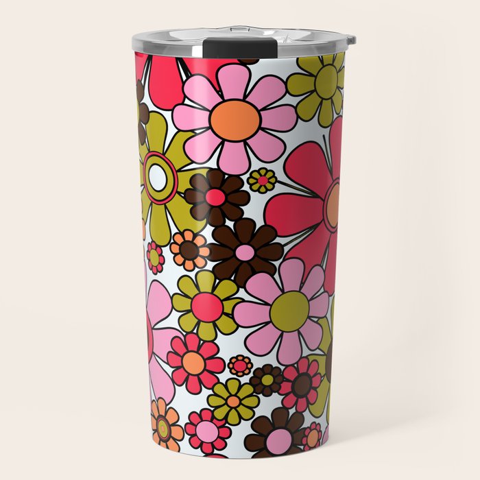 Retro Garden Flowers Groovy 60s 70s Floral Pattern in Pink, Dark Brown, Avocado Green, Orange, and Black Travel Mug Gallery Image 1