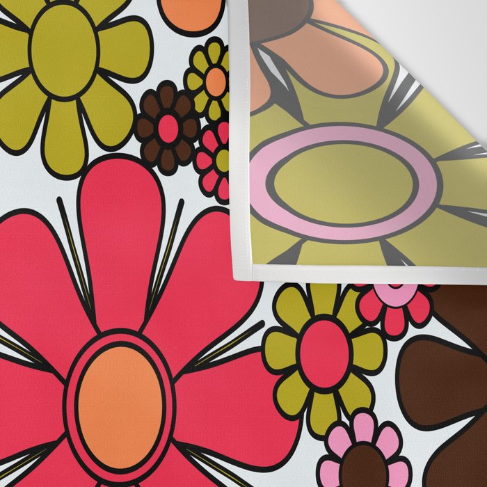 Retro Garden Flowers Groovy 60s 70s Floral Pattern in Pink, Dark Brown, Avocado Green, Orange, and Black Wall Tapestry Gallery Image 3