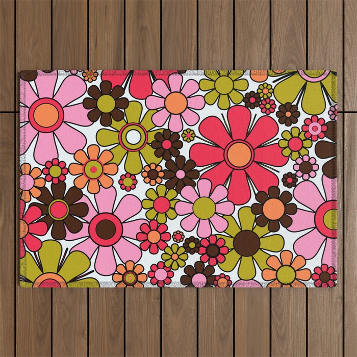Retro Garden Flowers Groovy 60s 70s Floral Pattern in Pink, Dark Brown, Avocado Green, Orange, and Black Outdoor Rug Gallery Image 1