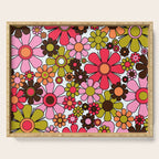 Retro Garden Flowers Groovy 60s 70s Floral Pattern in Pink, Dark Brown, Avocado Green, Orange, and Black Serving Tray Gallery Image 1