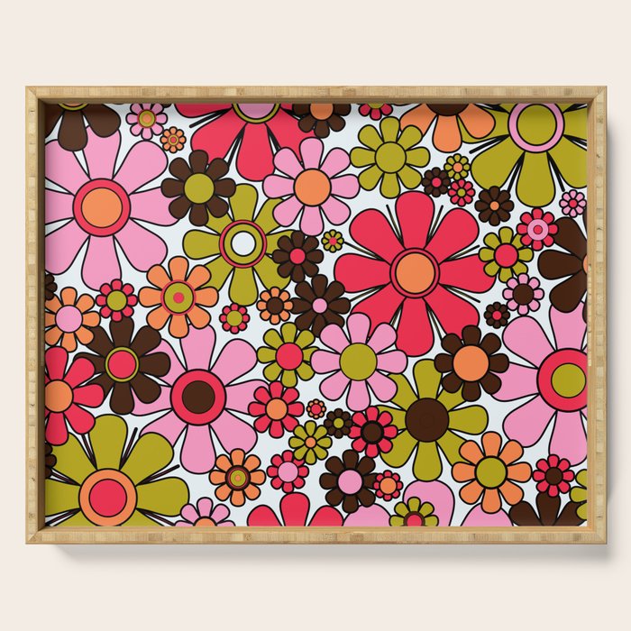 Retro Garden Flowers Groovy 60s 70s Floral Pattern in Pink, Dark Brown, Avocado Green, Orange, and Black Serving Tray Gallery Image 1