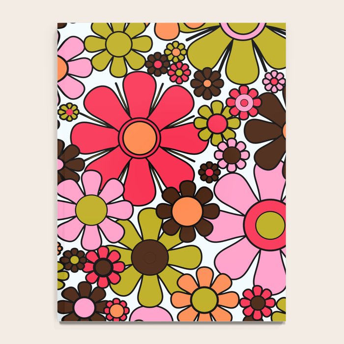 Retro Garden Flowers Groovy 60s 70s Floral Pattern in Pink, Dark Brown, Avocado Green, Orange, and Black Notebook Gallery Image 4
