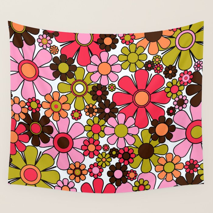 Retro Garden Flowers Groovy 60s 70s Floral Pattern in Pink, Dark Brown, Avocado Green, Orange, and Black Wall Tapestry Gallery Image 4