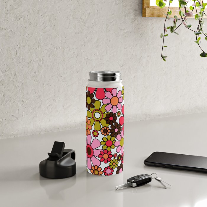 Retro Garden Flowers Groovy 60s 70s Floral Pattern in Pink, Dark Brown, Avocado Green, Orange, and Black Water Bottle Gallery Image 4