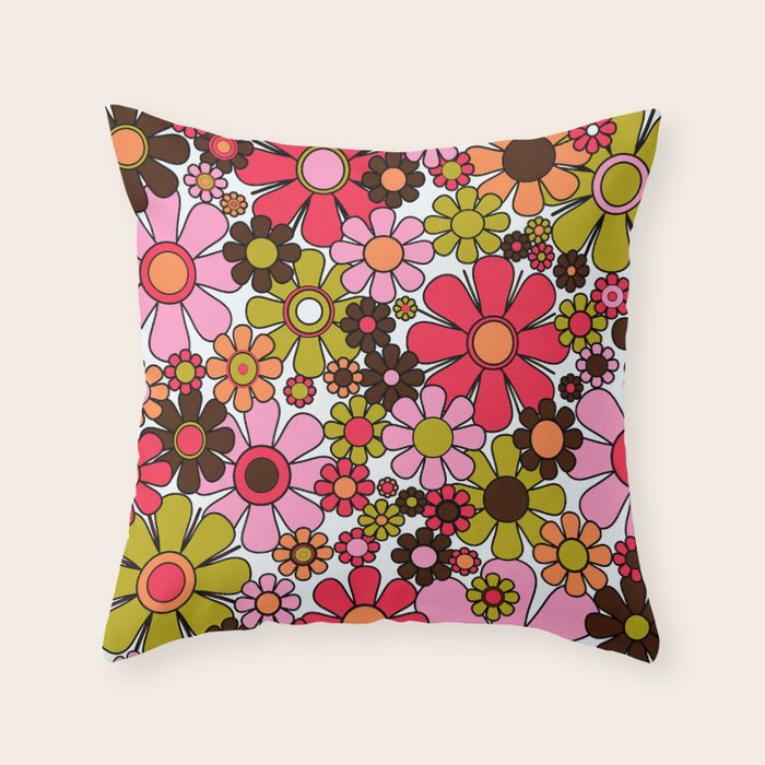 Retro Garden Flowers Groovy 60s 70s Floral Pattern in Pink, Dark Brown, Avocado Green, Orange, and Black Throw Pillow Gallery Image 1