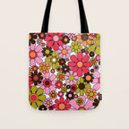 Retro Garden Flowers Groovy 60s 70s Floral Pattern in Pink, Dark Brown, Avocado Green, Orange, and Black Tote Bag Gallery Image 1