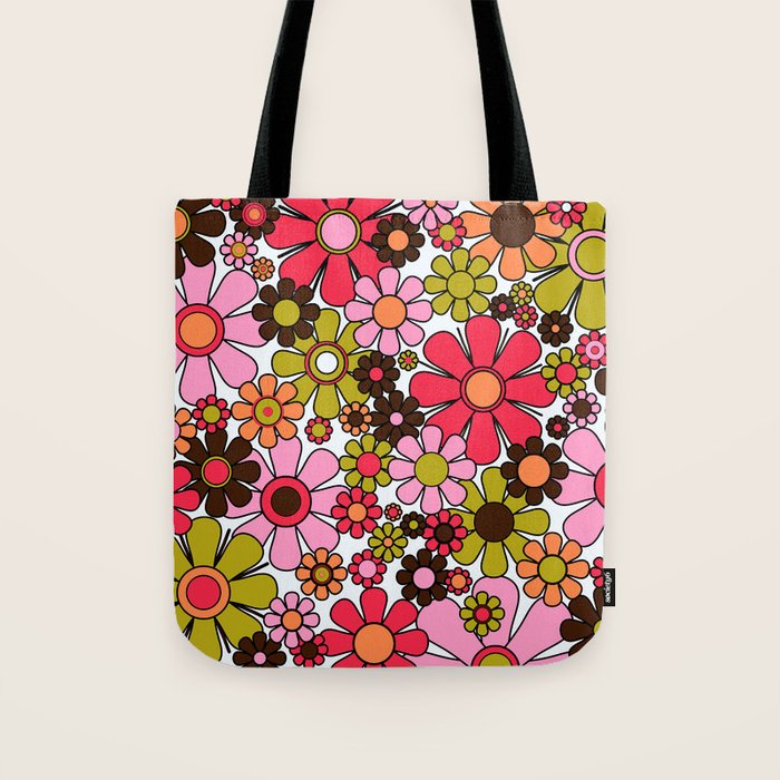 Retro Garden Flowers Groovy 60s 70s Floral Pattern in Pink, Dark Brown, Avocado Green, Orange, and Black Tote Bag Gallery Image 1
