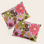 Retro Garden Flowers Groovy 60s 70s Floral Pattern in Pink, Dark Brown, Avocado Green, Orange, and Black Pillow Sham Gallery Image 3