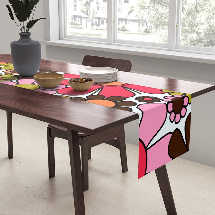 Retro Garden Flowers Groovy 60s 70s Floral Pattern in Pink, Dark Brown, Avocado Green, Orange, and Black Table Runner Gallery Image 2