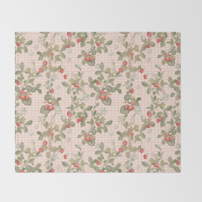 Vintage wild strawberries on cottage pink gingham pattern Throw Blanket Gallery Image 2