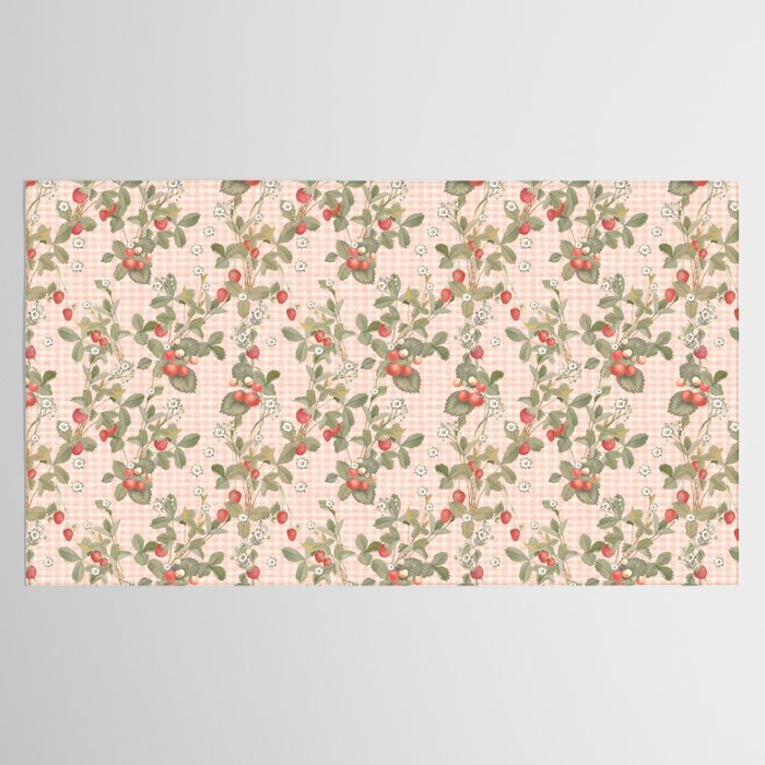 Vintage wild strawberries on cottage pink gingham pattern Tablecloth Gallery Image 2