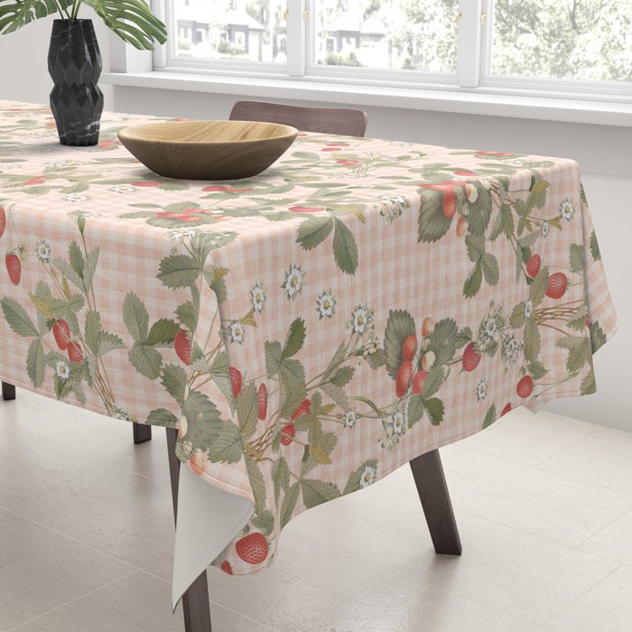 Vintage wild strawberries on cottage pink gingham pattern Tablecloth Gallery Image 3