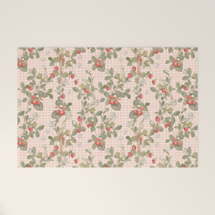 Vintage wild strawberries on cottage pink gingham pattern Welcome Mat Gallery Image 1