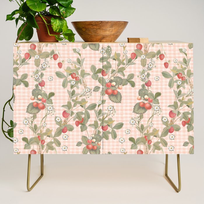 Vintage wild strawberries on cottage pink gingham pattern Credenza Gallery Image 1