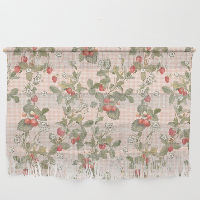 Vintage wild strawberries on cottage pink gingham pattern Wall Hanging Gallery Image 1