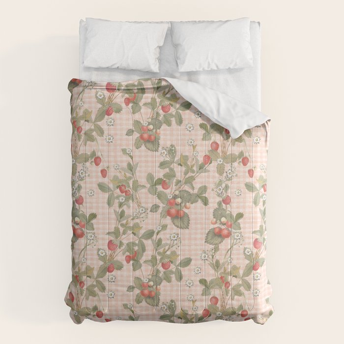 Vintage wild strawberries on cottage pink gingham pattern Comforter Gallery Image 6