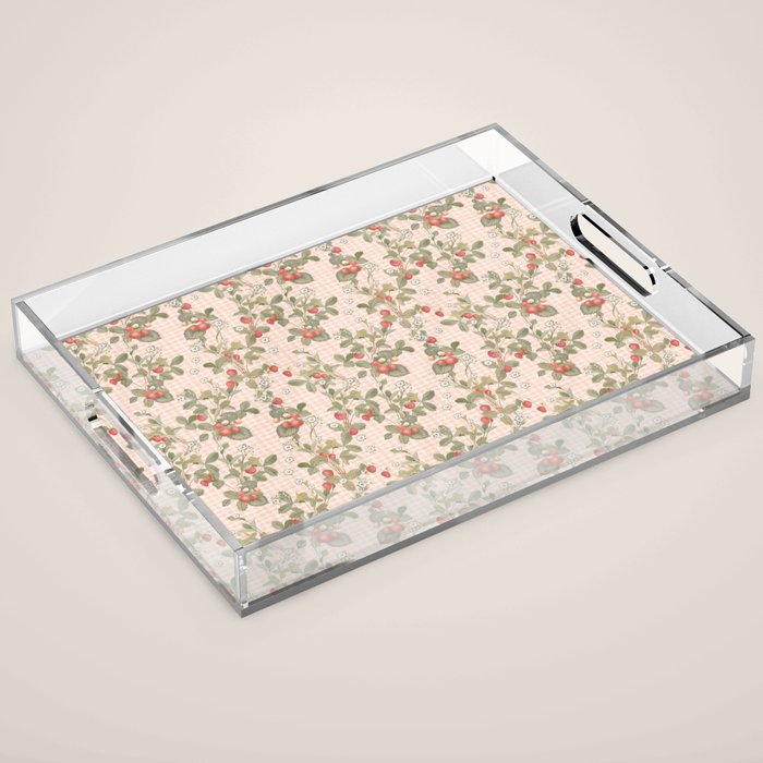 Vintage wild strawberries on cottage pink gingham pattern Acrylic Tray Gallery Image 1