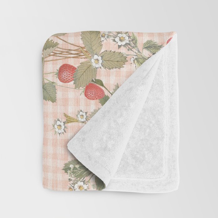 Vintage wild strawberries on cottage pink gingham pattern Throw Blanket Gallery Image 3