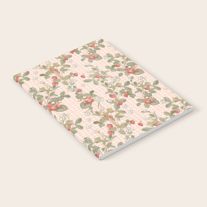 Vintage wild strawberries on cottage pink gingham pattern Notebook Gallery Image 1