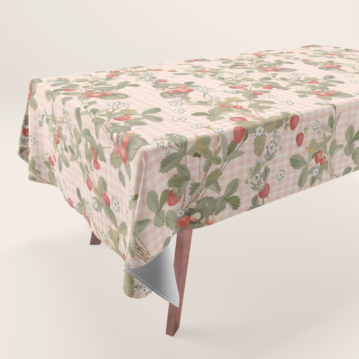 Vintage wild strawberries on cottage pink gingham pattern Tablecloth Gallery Image 1