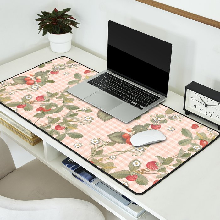Vintage wild strawberries on cottage pink gingham pattern Desk Mat Gallery Image 2