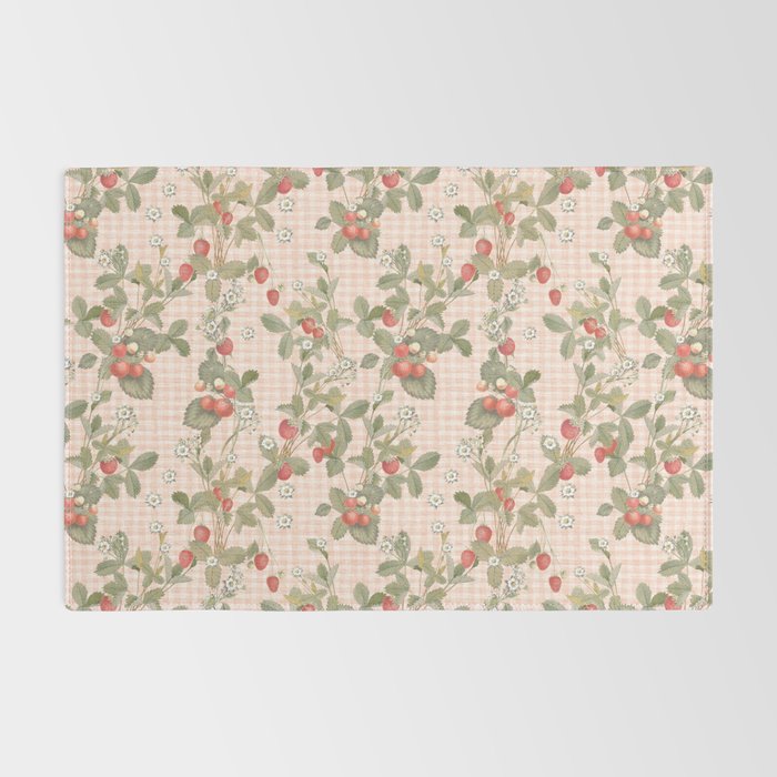 Vintage wild strawberries on cottage pink gingham pattern Rug Gallery Image 2