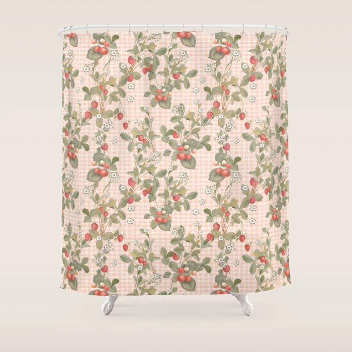 Vintage wild strawberries on cottage pink gingham pattern Shower Curtain Gallery Image 1