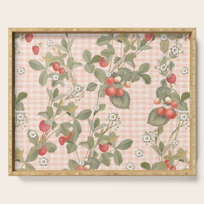 Vintage wild strawberries on cottage pink gingham pattern Serving Tray Gallery Image 1