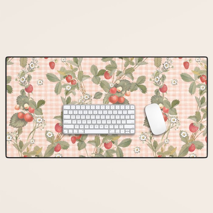 Vintage wild strawberries on cottage pink gingham pattern Desk Mat Gallery Image 1