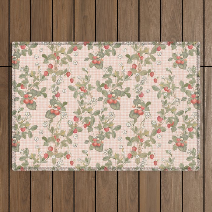 Vintage wild strawberries on cottage pink gingham pattern Outdoor Rug Gallery Image 1