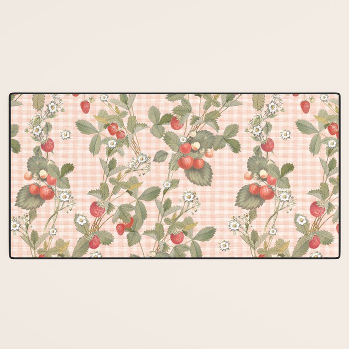Vintage wild strawberries on cottage pink gingham pattern Desk Mat Gallery Image 3