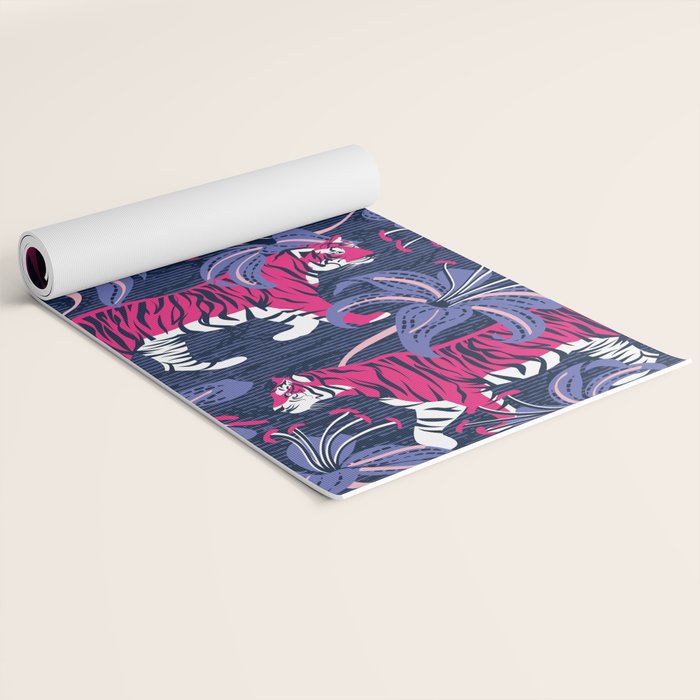 Tigers in a tiger lily garden // textured navy blue background fuchsia pink wild animals very peri flowers Yoga Mat Gallery Image 2