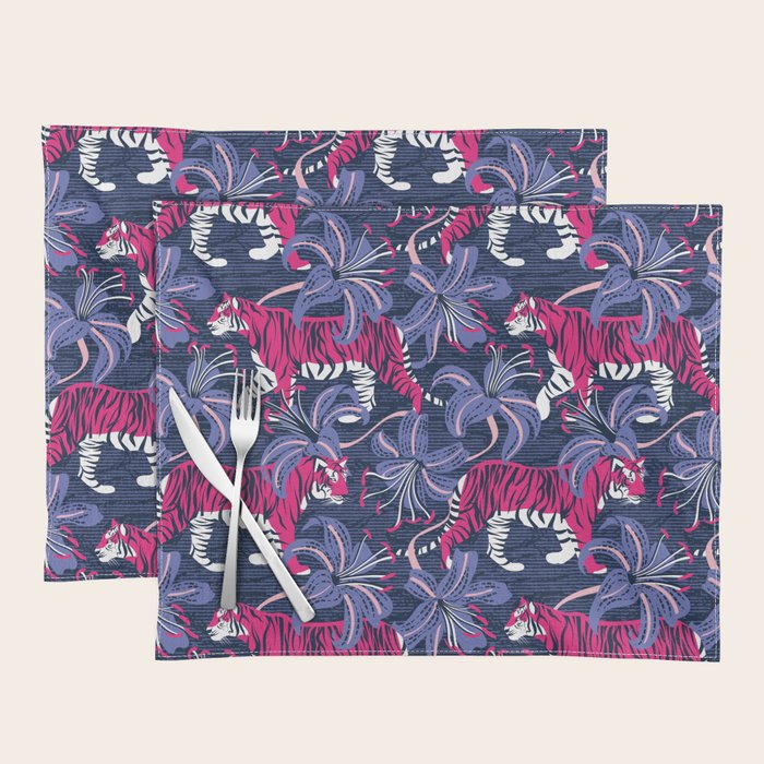 Tigers in a tiger lily garden // textured navy blue background fuchsia pink wild animals very peri flowers Placemat Gallery Image 1