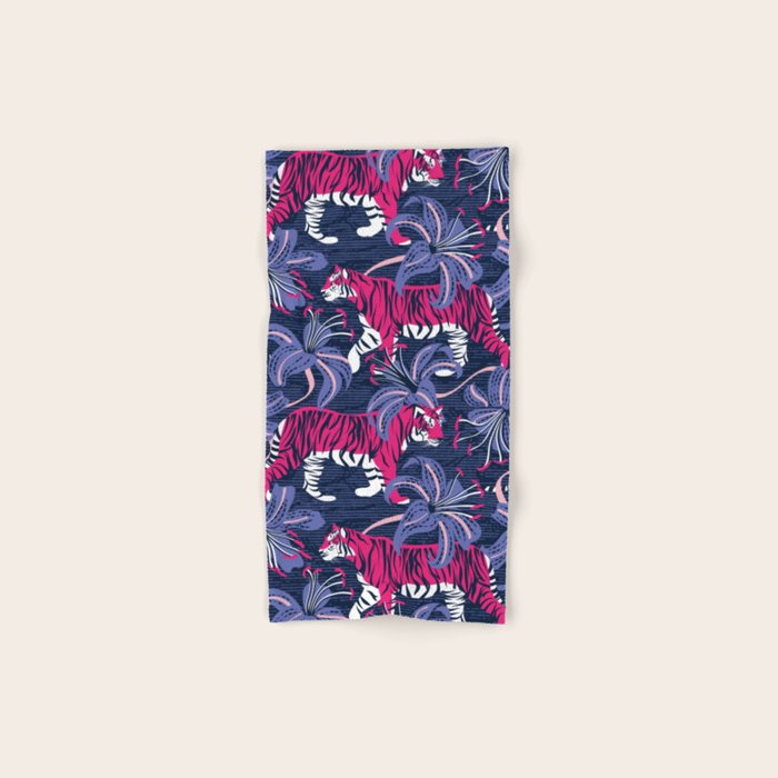 Tigers in a tiger lily garden // textured navy blue background fuchsia pink wild animals very peri flowers Bath Towel Gallery Image 1