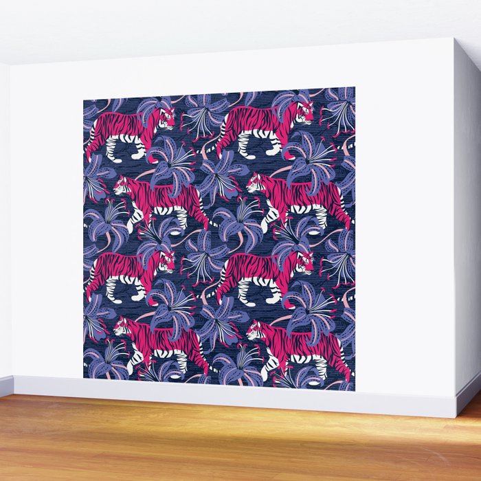 Tigers in a tiger lily garden // textured navy blue background fuchsia pink wild animals very peri flowers Wall Mural Gallery Image 2