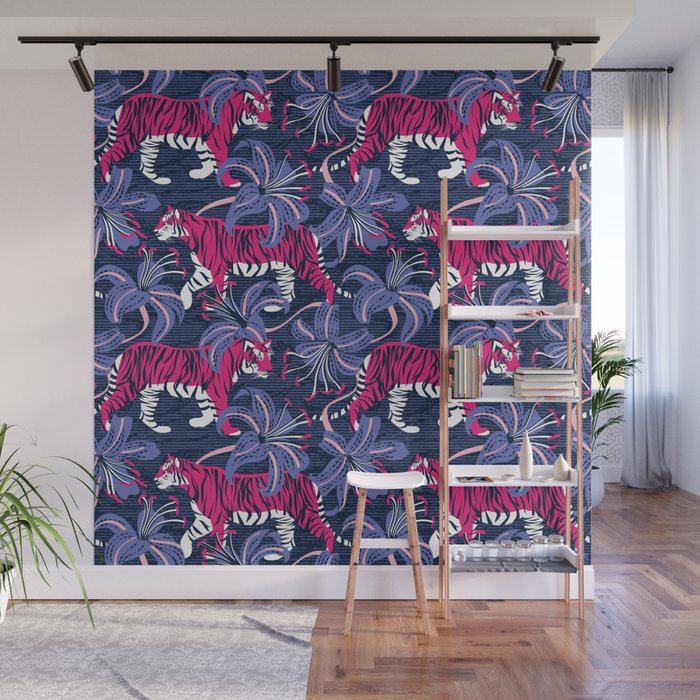 Tigers in a tiger lily garden // textured navy blue background fuchsia pink wild animals very peri flowers Wall Mural Gallery Image 1