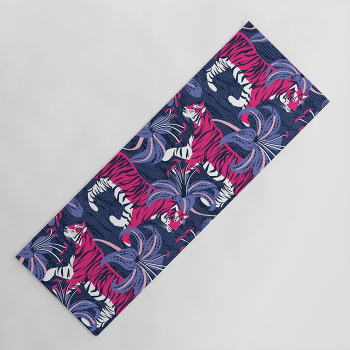 Tigers in a tiger lily garden // textured navy blue background fuchsia pink wild animals very peri flowers Yoga Mat Gallery Image 1