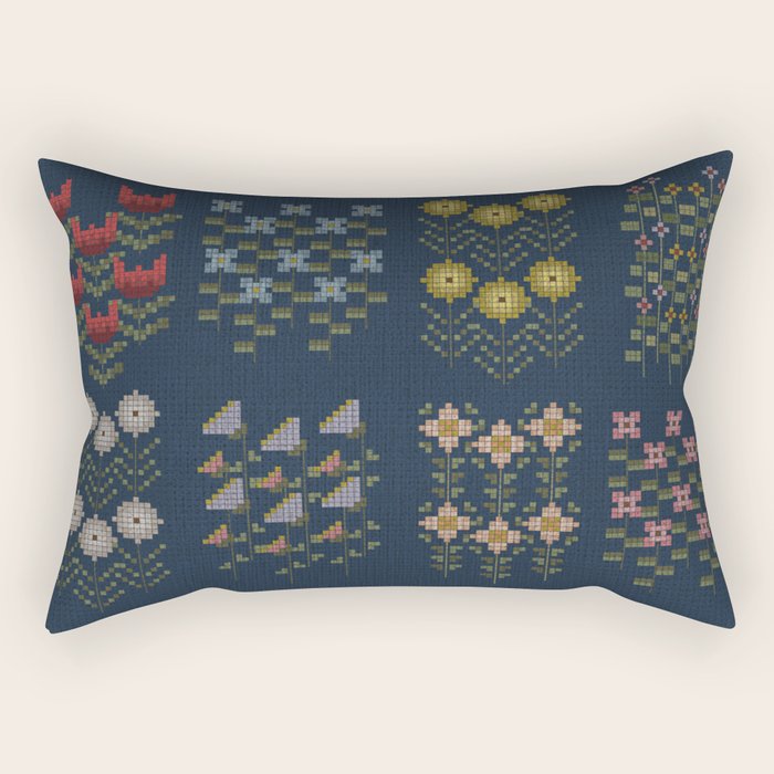 Cross Stitch Floral Navy Rectangular Pillow Gallery Image 2