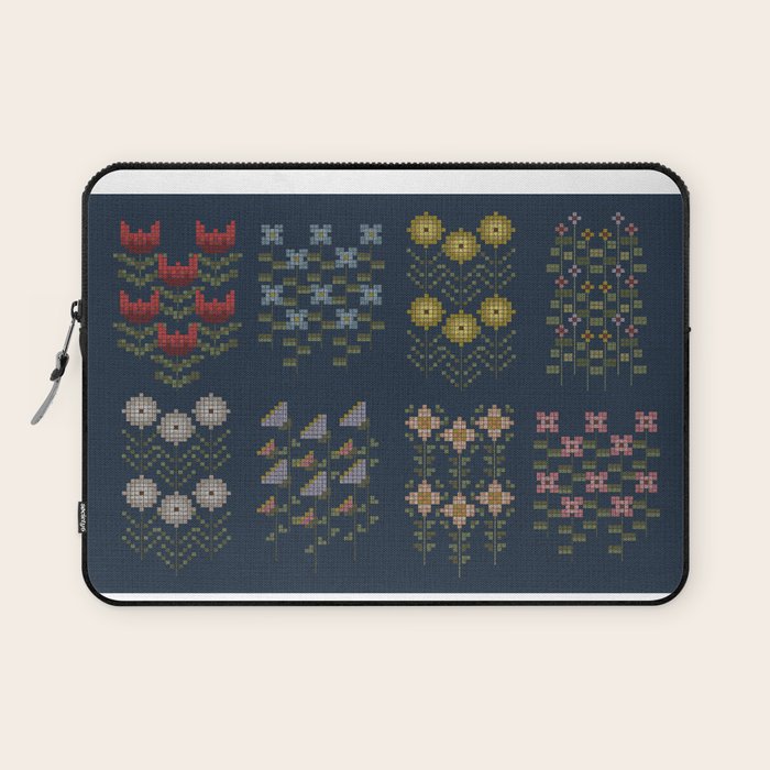 Cross Stitch Floral Navy Laptop Sleeve Gallery Image 1
