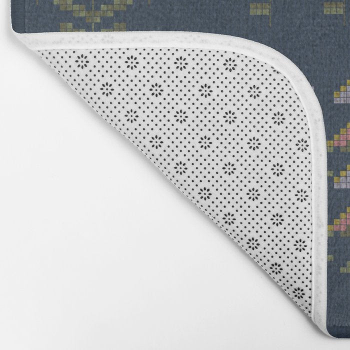 Cross Stitch Floral Navy Bath Mat Gallery Image 2