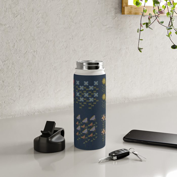Cross Stitch Floral Navy Water Bottle Gallery Image 4